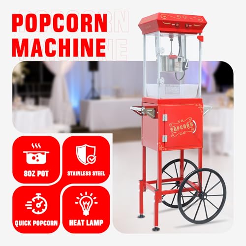 Image of Popcorn Machine 8 Oz Vintage Popcorn Maker with Cart for Home, Red | Small Dual Switch Control, Easy to Use /Clean, Retro Design, Quick Heat, Great for Home Theater Parties