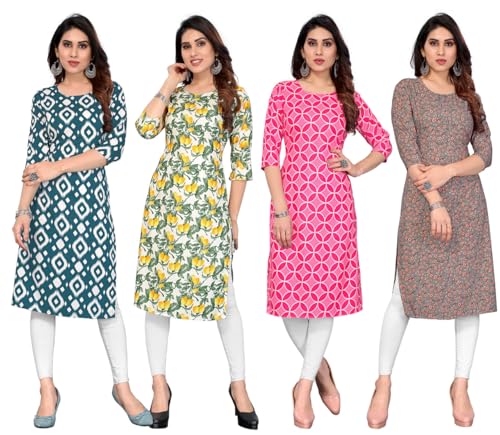 Image of JAKHANA Women's Crepe Printed Casual Straight Calf Length Round Nick Kurta Pack of 4