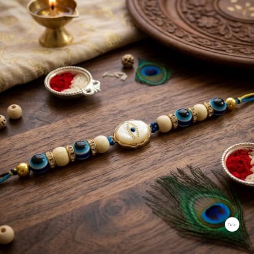 Image of Original Tulsi Rakhi for Brother | Handmade Natural Tulsi Beads Rakhi | Sacred Raksha Bandhan Rakhis for Boys | Traditional Spiritual Rakhi Gift