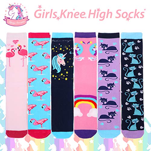 Girls Knee High Socks 6 Pairs Animal Pattern (3-12 Years Old, Animal F)
