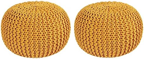 Bezzilish Home Pouf for Living Room Sitting Round Ottoman Bean Filled Stool for Foot Rest Home Furniture Rope Twisted Yellow Bean Bag - (Pack of 2)