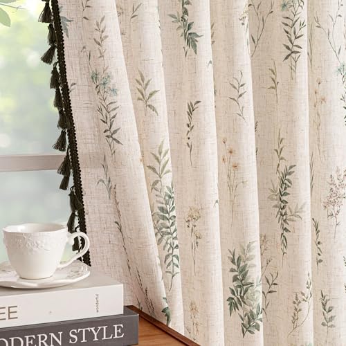 Image of MYSKY HOME Linen Boho Floral Curtains 84 inches Long 2 Panels with Green Tassels Leaf Patterned Spring Vintage Cottage Core Light Filtering Semi Sheer Curtains for Living Room Bedroom, 52 inch Wide