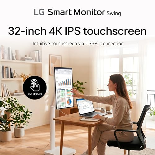 Image of LG Smart Monitor Swing 32U889SA-W 32-Inch 4K UHD (3840x2160) IPS Touchscreen on a Fully Adjustable Wheeled Base HDR10, webOS, Built-in Speaker, HDMI, USB Type-C, Tilt /Height /Swivel /Pivot Stand, White