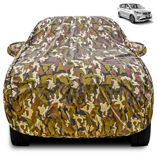 Image of FABTEC Car Body Cover for Maruti Ertiga Jungle Print with Soft Cotton Lining Waterproof Car Cover UV & Rain Protection with Mirror Pocket Bottom Elastic (Military /Camouflage Pattern)