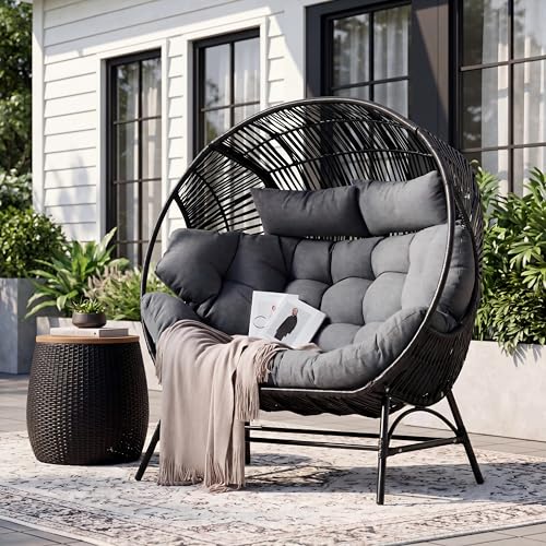 IRONCK Outdoor Round Egg Chair with Armrest Double Lounge Chair with Cushions and Headrests Wicker Egg Seat for Patio Backyard Black