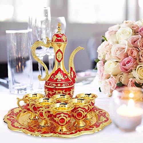 Turkish Coffee Cup Set, Turkish Teapot Turkish Tea Set Wine Cup Set, Vintage Turkish Coffee Pot Set with 6 Coffee Cups and Tea Tray Art Crafts Wedding Gift (Red) - Image 2