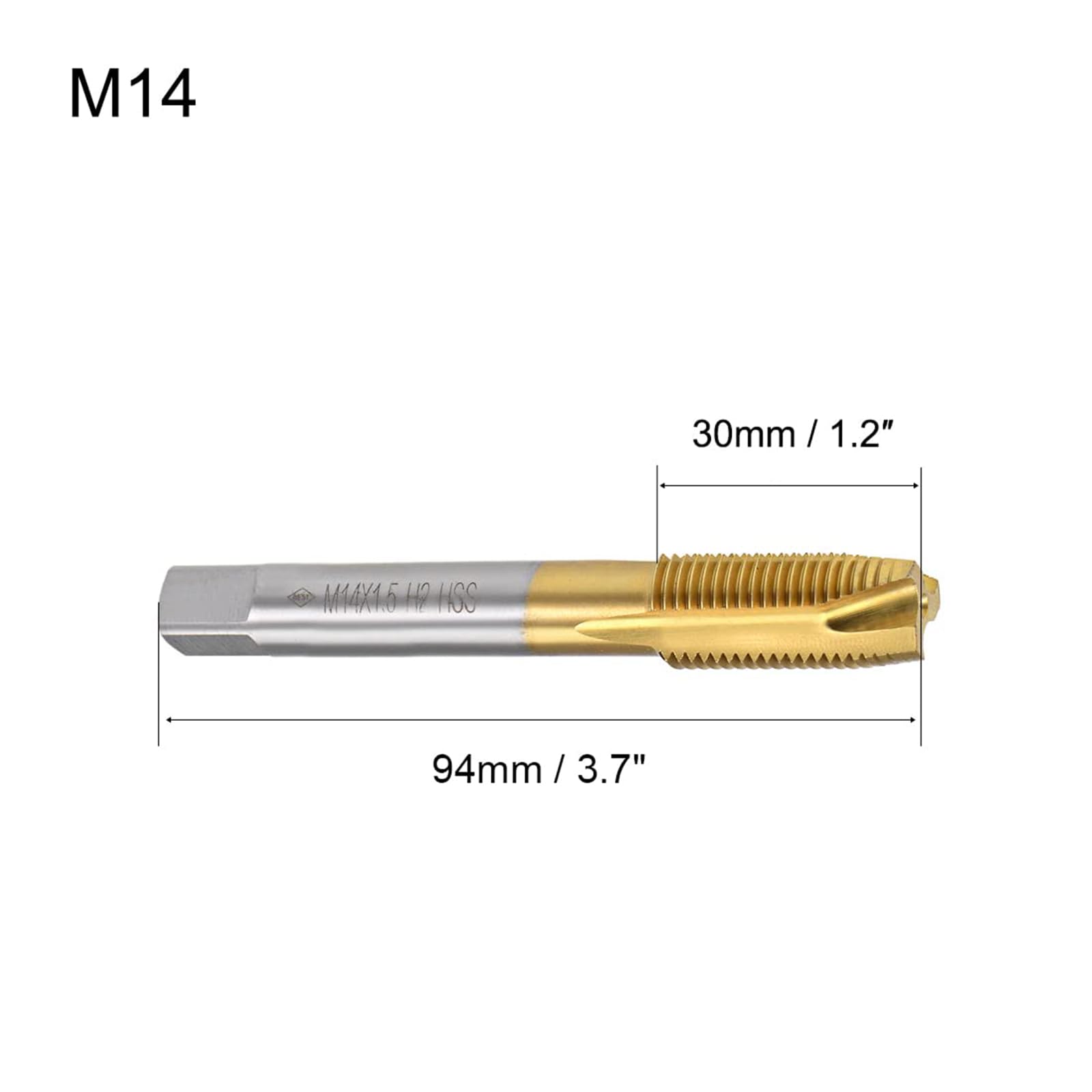 Boxonly Spiral Point Plug Threading Tap M14 x 1.5mm Thread, for Drilling and Tapping H2 3 Flutes HSS, Titanium Coated - Image 2