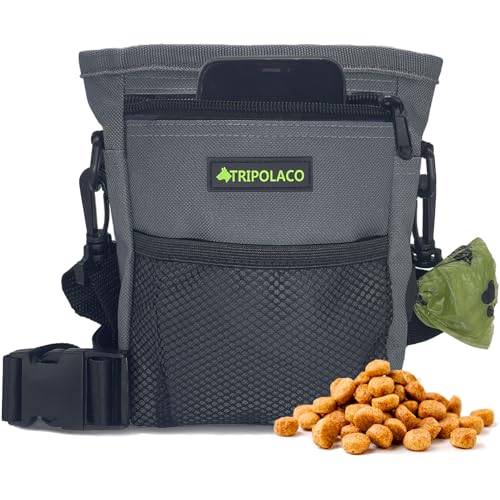TRIPOLACO Leckerlitasche für Hunde – Magnetischer Leckerlibeutel für Hunde mit Mehreren Taschen, Kotbeutelspender & Handyfach, 3 Tragevarianten - Idealer Futterbeutel Hundetraining & Spaziergänge
