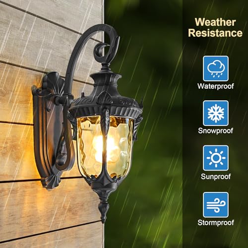 Outdoor Wall Lights, Waterproof Aluminum Porch Wall Light for Outside House, Patio, Yard, Garden, Black Gooseneck Exterior Wall Sconce, Hardwired Outdoor Acorn Shape Lantern Lamp, Water Ripple Glass