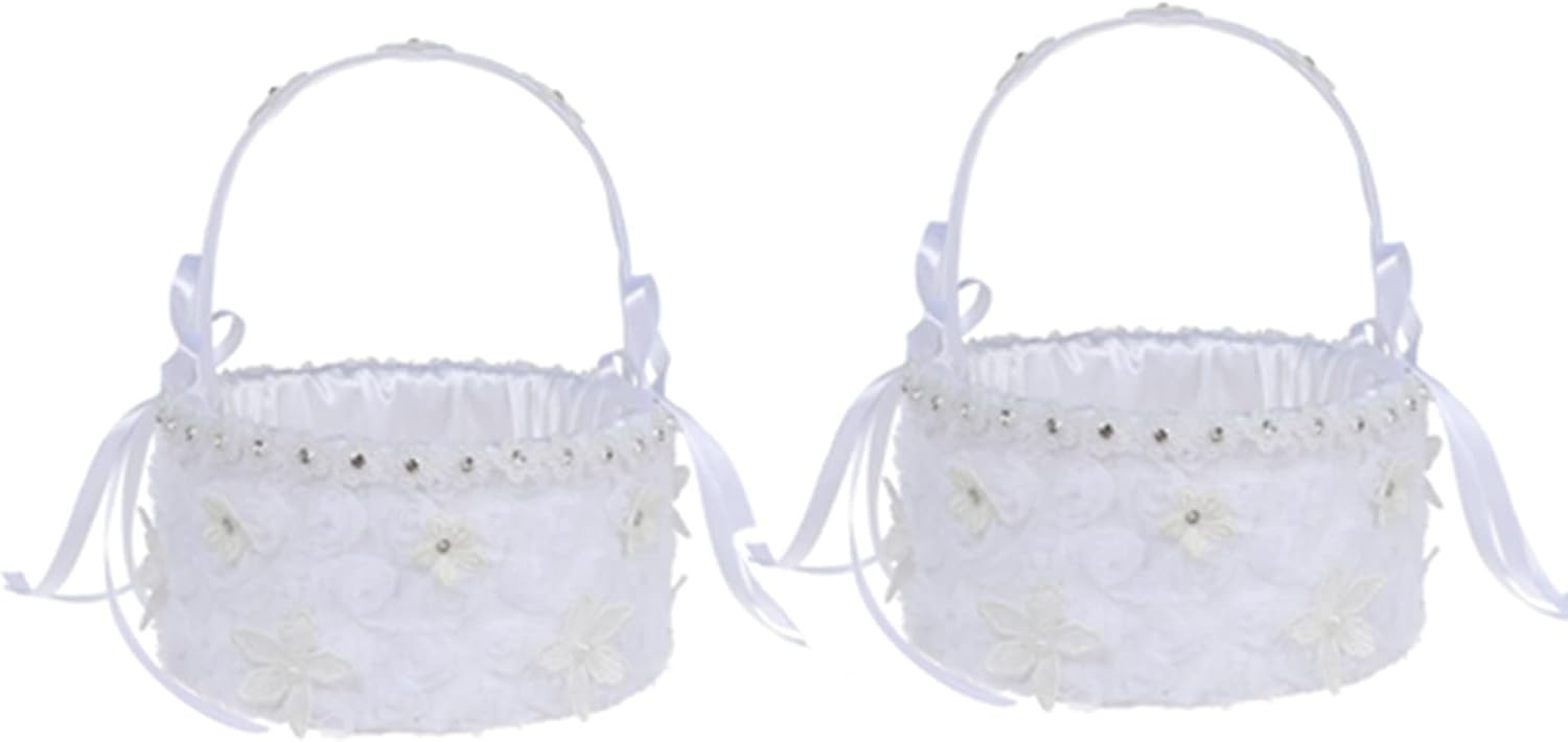 Flower Girl Basket for Wedding Small White Satin Wrapped