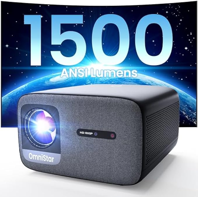 OmniStar L80 4K Projector with WiFi and Bluetooth, 1500 ANSI Lumen Native 1080P Video Projector, Auto Focus/Keystone, 2x15W Speakers, 200" Display Compatible with iOS/Android/HDMI/USB/TV Stick