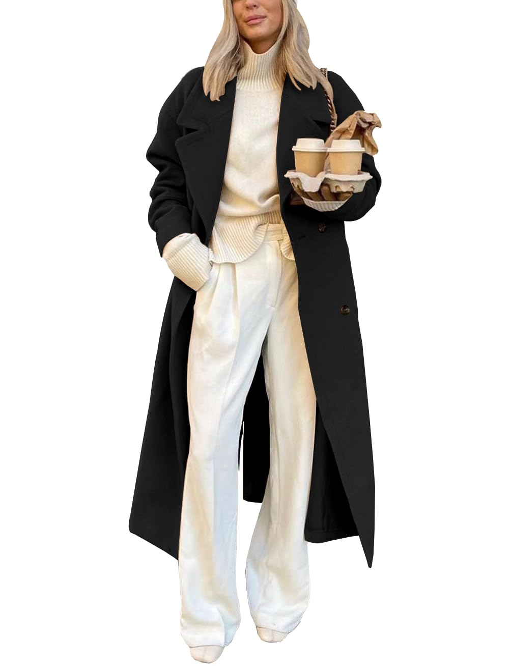 IDEALSANXUN Womens Long Wool Coats Fall Winter Big Notch Lapel Oversized Peacoat Overcoat