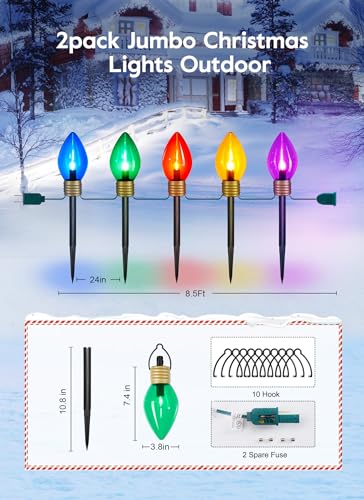 Brightown Jumbo C9 Christmas Pathway Lights Outdoor - 2 Pack Total 17 Feet 10 Led C9 Walkway Lights, Multicolor Bulb Holiday Pathway Lights With Marker Stakes thumb #2