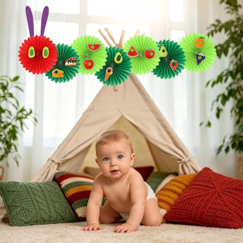 Image of NOVWANG Green Worm Paper Fans 12 Inches Bug Themed Back to School DIY Decor | Crawler Paper Lantern with Eyes Feelers Glue Points, Back to School Party Supplies, for Classroom Bedroom Birthday Decoration