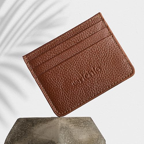 Premium Leather Slim Card Holder | Minimalist Front Pocket Wallet | Business Card Case & Holder for Women, Men | Slim, Small, Thin, Mini Leather Credit Cardholder Mens, Womens (Light Brown)3