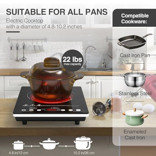Image of ANHANE 1800W Electric Cooktop, 110V Single Burner Stove with Overheat Protection and Adjustable Power Levels - Portable Ceramic Stove for Kitchen, Travel, RV