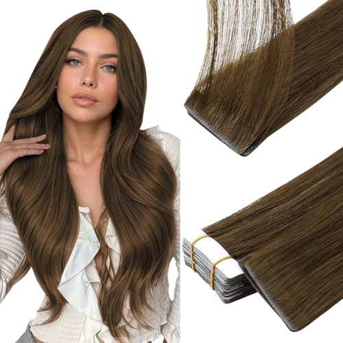 Image of Full Shine Seamless Injected Tape in Hair Extensions Human Hair, Color 4 Medium Brown Double Sided Tape in Extensions, 40g 20Pcs 16 Inch Add Volume Silky Straight with Thick Ends