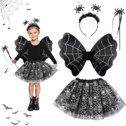 LGZIN Halloween Spinne Kostüm Kinder Set, 4-teiliges Hexenkostüm Kinder mit Tutu, Haarreif, Zauberstab, Flügel, Spinne Kostüm Mädchen für Halloween Karneval Fasching Cosplay LGZIN Halloween Spinne Kostüm Kinder Set, 4-teiliges Hexenkostüm Kinder mit Tutu, Haarreif, Zauberstab, Flügel, Spinne Kostüm Mädchen für Halloween Karneval Fasching Cosplay