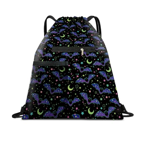 Drawstring Backpack Sports Gym Bag, Large String Swim Bag for Beach With Water Bottle Mesh Pocket, Cute Gym Sack with Zipper Pocket for Men Women Cute Black Bats