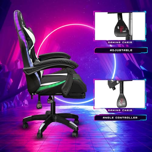 Image of Casa Copenhagen Designed in Denmark,High-Back Italian Leather Gaming Ergonomic Chair with Advanced Mechanism with LED Light & Electric Back Massager, Memory Foam Seating - White & Black