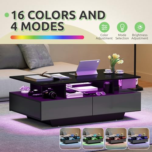 GOOBED LED Coffee Table with Storage, Glossy LED Coffee Tables for Living Room, Small Center Table with Open Display Shelf & Sliding Drawer, Rectangular Coffee Table, Black