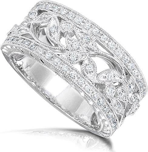 Vintage 1.2 Ct Round Cut White Signity Diamond Half Eternity Fashion Floral Milgrain Design Wedding Band Ring for Women, 925 Sterling Silver 14K White Gold Finish3