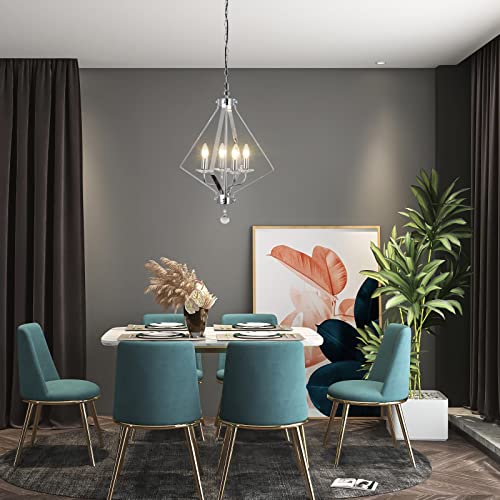 Jaycomey Modern Industrial Chandelier Lighting, 4-Light Geometric Square Cage Hanging Light Fixture, Farmhouse Pendant Light For Dining Living Room Kitchen Island Hallway Foyer Laundry (Chrome, E12) #TOP3