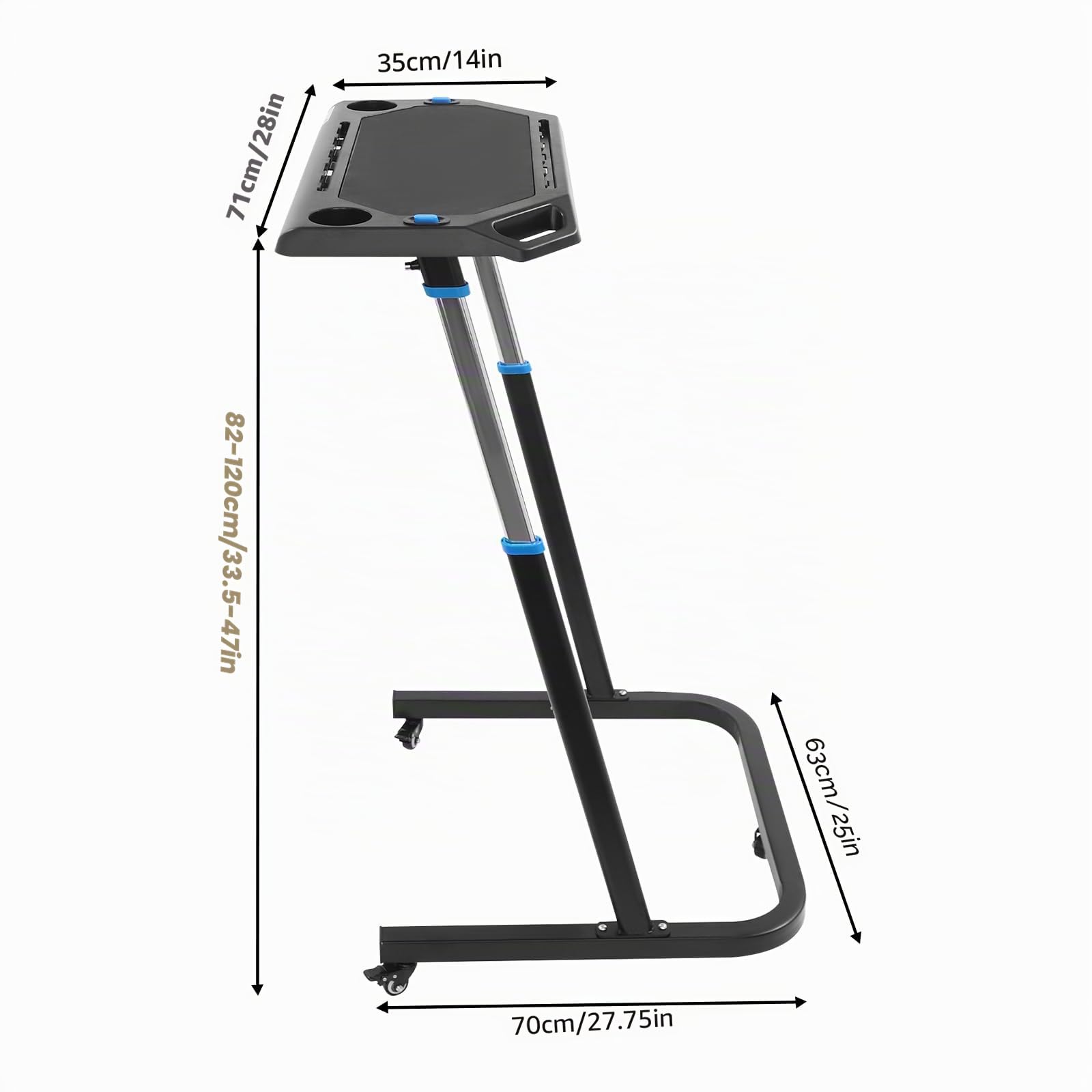 Mesa de entrenamiento para bicicleta con ruedas de 8 velocidades de ajuste de altura, mesa multifunción de pie para bicicleta estática, escritorio de pie con ranuras dobles y dos soportes para tazas