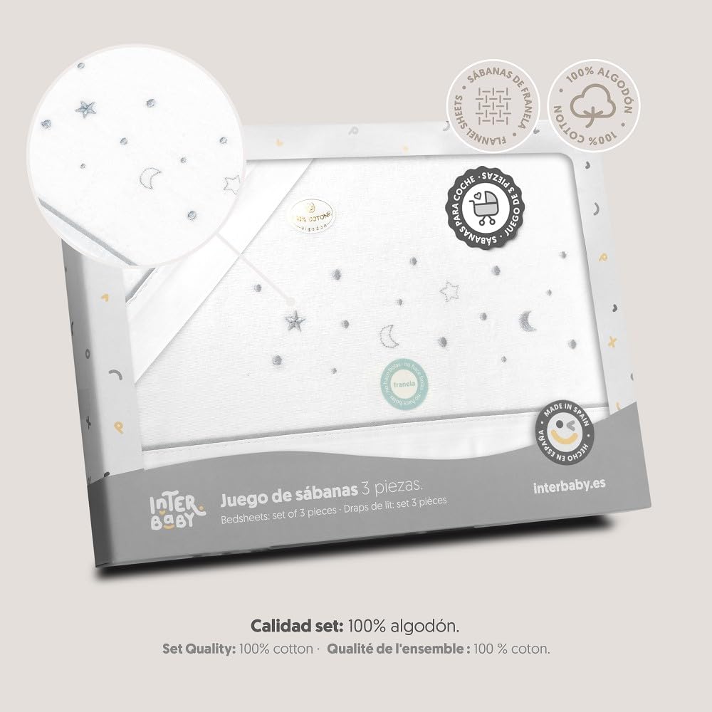 Interbaby - Juego Sabanas Carrito Bebe 40x80 Algodón 100% | Sabana Cuna Franela, Cálida | Incluye Sabana Bajera, Encimera y Funda de Almohada | Ideal para Invierno | Estrellas Luna Blanco/Gris