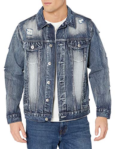 Southpole Men's Premium Fashion Denim Jacket, Ice Blue Ripped, Medium