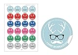 24 Weihnachtsaufkleber bunt gemischte Farben zu Weihnachten mit lustigem coolem Hipster Retro Hirsch