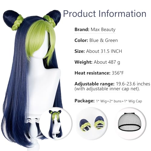 Image of LABEAUTE Jolyne Cujoh Cosplay Wig Blue and Green Long Straight Wigs with Bangs Anime Heat Resistant Hair for Party Halloween Costumes