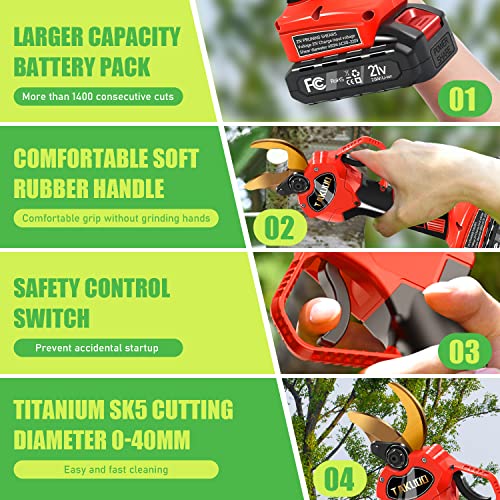 Takuoo Cordless Electric Pruning Shears, Professional Brushless Electric Secateurs Electric Pruner Branch Cutter,With 1.6 Inch(40Mm) Cutting Diameter,2 X 2Ah 21V Lithium Battery,1 Blade,3 Wrench #TOP3