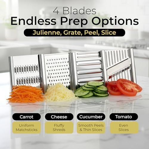 Image of Gramercy Handheld Mandoline Slicer for Kitchen - Stainless Steel Veggie & Fruit Slicer with 4 Blades - Slicer, Julienne & Grater; Cut Resistant Safety Glove & Cleaning Brush Included; Dishwasher Safe