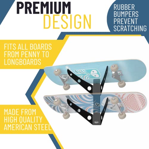 Koova 2 Skateboard Wall Mount Rack Holder | Creative Deck Display | Home Or Garage Longboard Storage | Scooter Hanger | Easy Install - Hardware Incl. | Heavy Duty Powder Coated Steel Frame | Usa Made #TOP1