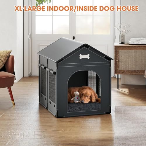 Hundehütte für den Innenbereich, Größe XL, weich mit Rahmen, wasserdichtes Haustierhaus für mittelgroße und große Hunde, warme Hundehöhle, Schlafnest mit weichem Kissen, 86 x 68 x 86 cm, Dunkelgrau