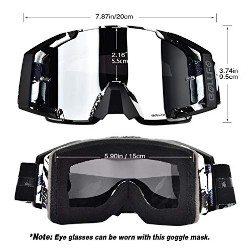 BOLLFO Motorcycle Goggles Motocross ATY Dirt Bike Goggles Anti-UV Safety Protective Anti Fog Tactical Goggles for Cycling Riding Climbing Skiing (Black+White Frame Silver Lenses)