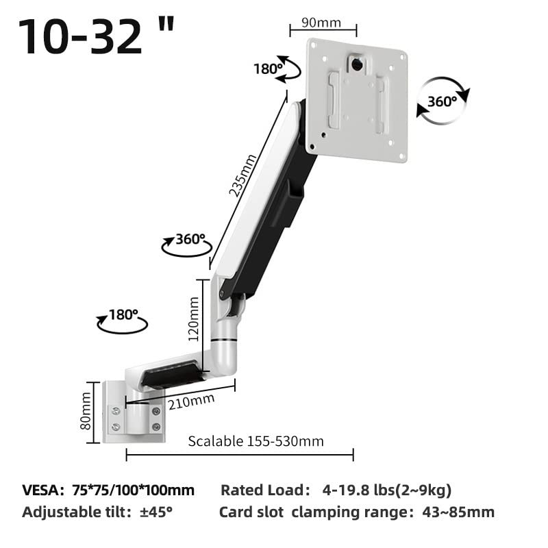 Brazo Monitor PC 10 "-32" MONTOR DE MONTAJE DE MONTAJE DE MONTAJE DE MONTAJE DE MONTAJE, soporte de monitor de movimiento completo de gas, brazo de montaje ajustable de aluminio, se mantiene hasta 19.