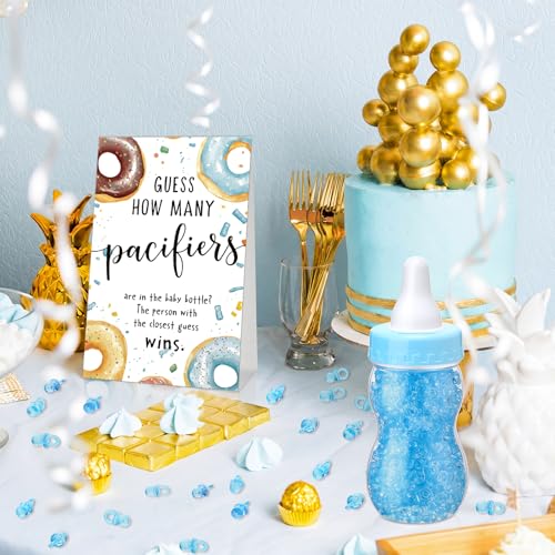 Image of Roowest 512 Pcs Baby Shower Games Guess How Many Pacifiers Sign 100 Small Guessing Games 10 HB Pencils 750ml Milk Bottle 400 Acrylic Pacifiers Decoration for Guest Gender Reveal (Blue,Donut)