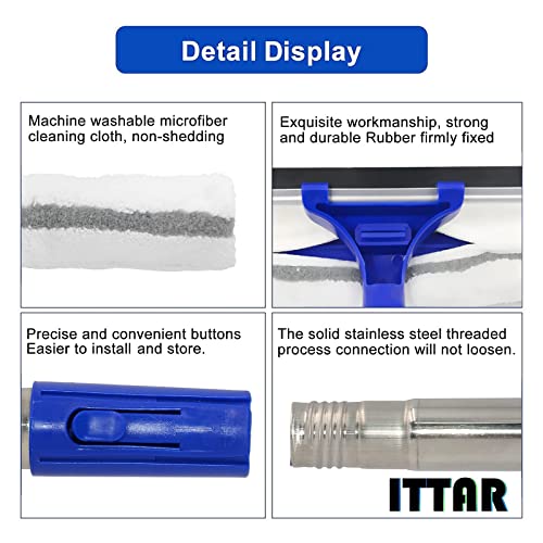 Image of ITTAR Window Cleaning Squeegee Kit, 2 in 1 Cleaner, Microfiber Scrubber, 61 Inch Long Handle Professional for Shower Glass Door, Outdoor /Indoor High Windows