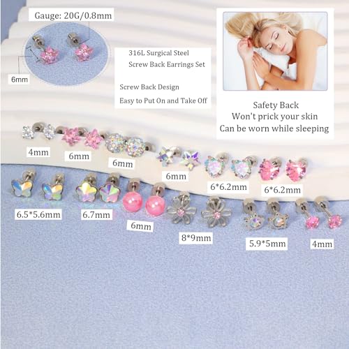 12 Pairs Toddler Earrings,Hypoallergenic Titanium Screw Back Earrings for Girls Women,Surgical Stainless Steel Cute Flower Pearl Star Cubic Zirconia Flat Back Stud Earrings for Sensitive Ears2