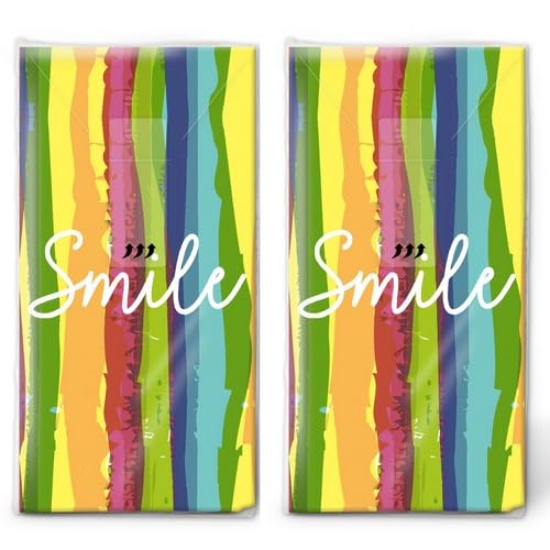 20 einzelne Taschentücher Spruch Smile in Farbstreifen. 2 Packungen mit 10 einzelnen Papiertaschentücher bedruckt als Geschenk.