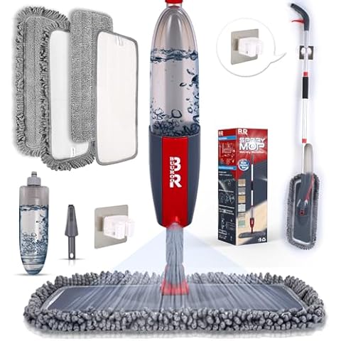 Microfiber Spray Mop for Floor Cleaning Dry Wet Dust Mop for Kitchen Wood Floor Hardwood Laminate Ceramic Tiles 360 Degree Mop Set with 4 Mop Heads Replacement 1 Scraper 1 Mop Holder 1 Bottle Cover
