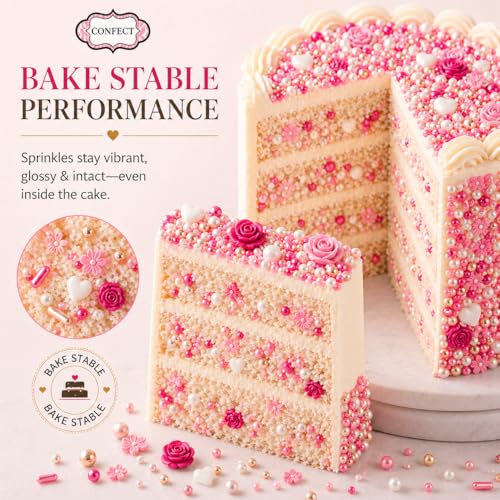 Image of Confect Pink Mini Roses I Silver Hearts & Vermcelli and White Pearls | Anniversary Sprinkles | Sprinkles for Baking & Cake Decorative | Edible sprinkles - Vegan, Gluten-Free, Nut-Free, Soy-Free, Dairy-Free , Handcrafted Sprinkle - 140 Gms