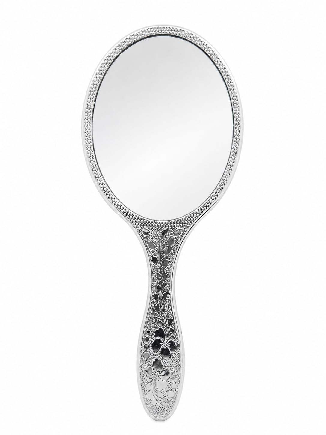 Silver Blossom Handheld Mirror | Antique Embossed Design | Portable Hand Mirror | Dressing Table Accessory-image-30