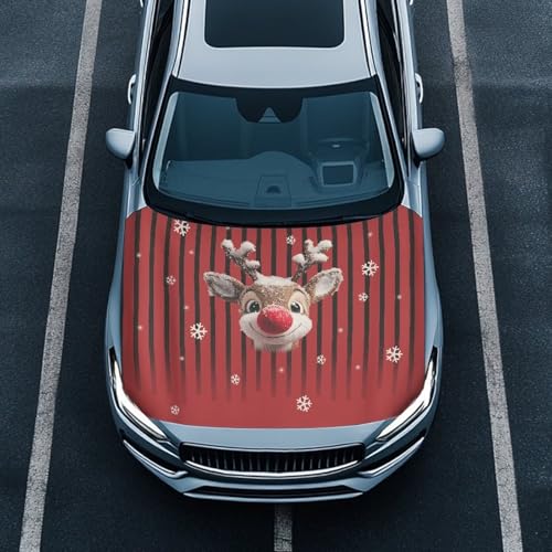 Image of Christmas Deer Prints Car Hood Cover Stretch Polyester Protector for Car Hood Removable Automotive Accessories Easy Installation for Christmas Decoration and Gifts