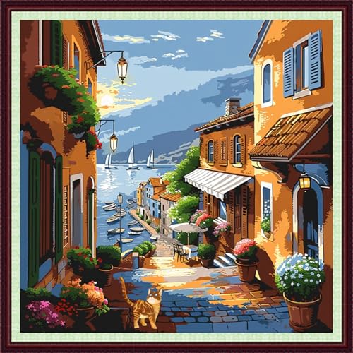 Image of Dooxvey Cross Stitch Kits for Adults Beginners,Full Range of Cross-Stitch Stamped Kits Needlepoint Kits for Beginners Embroidery Kits 11CT Cross Stitch Patterns-Seaside Street Scenery 18x18 inch