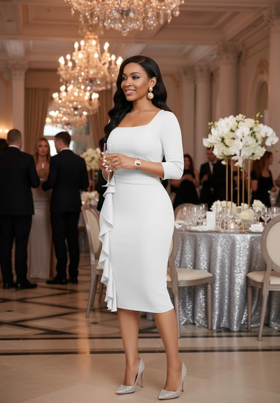 Image of MarryUP Womens Work Dresses Elegant Square Neck 3 /4 Sleeve High Waist Bodycon Ruffle Vintage Church Pencil Midi Dress