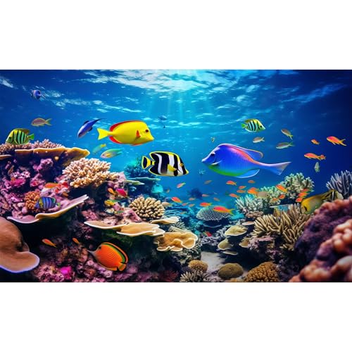 Image of Under The Sea Aquarium Background Coral Reef Ecosystem Colorful Tropical Fish Terrarium Background Ocean Underwater Theme World with Sunbeams Fish Tank Backdrop Wallpaper Decor Poster 48x20in