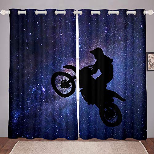 Galaxy Dirt Bike Curtain Starry Sky Motorcycle Window Curtains Extreme Sport Window Drapes Universe Window Treatments For Kids Youth Teen Boys Room 2 Panels Curtains 46"X72"